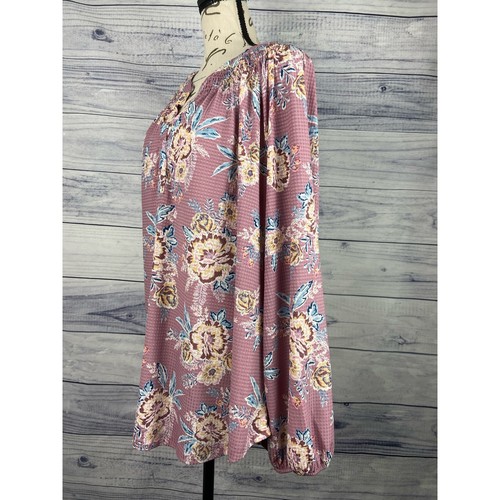 Coral Bay Blumen V-Ausschnitt Popover Top Damen 2X Langarm Stretch Plissee Lila - Bild 5 von 12
