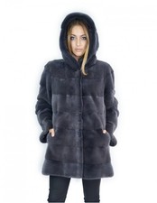 50-52 Anthracite Blue Horizontal Mink Fur Coat 81cm Hooded...