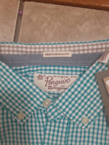 Camicia originale Penguin Heritage slim fit, blu, manica corta con bottoni, media - Foto 2 di 5