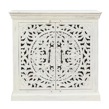 Sideboard Benisha Indische Kommode Mangoholz Schnitzerei Oriental Weiß Whitewash