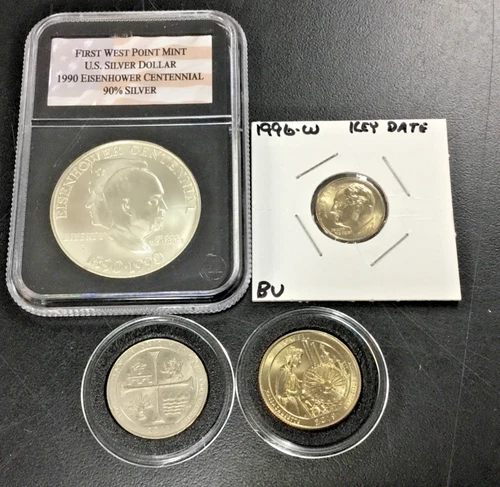 WEST POINT COIN SET 1990-W IKE $, 1996-W DIME, 2019-W LOWELL & MISSION QUARTERS