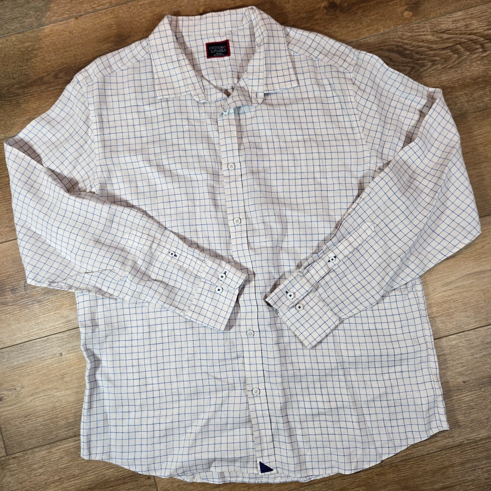 UNTUCKIT 100% Linen Slim Fit Wrinkle Resistant White Blue Squares Shirt Mens XXL