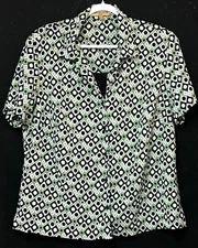 Notations Women's Top 2X Green Black Geometric Polyester Shirt