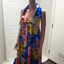 Women’s Sleeveless V-Neck Backless Abstract Ruffle Multicolor Maxi Dress OS
