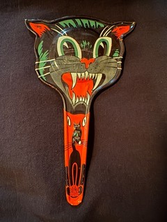 Vintage Halloween Tin Litho Black Cat Paddle Clanger Noisemaker U.S. Metal Toy C
