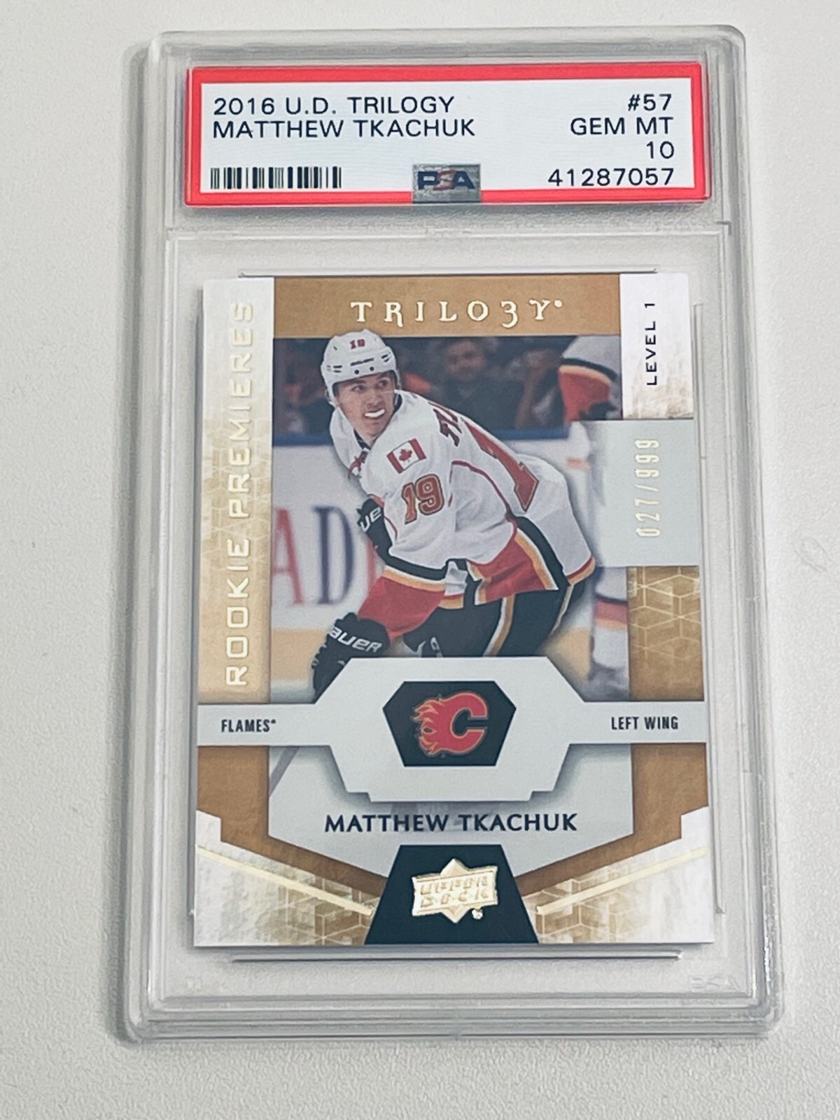 2016 Upper Deck U.D. Trilogy Rookie Premieres #57 Matthew Tkachuk PSA 10 RC /999