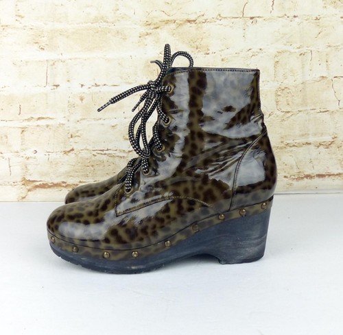 Opening Ceremony Boots 37 6 US Tan Cheetah Joelle Patent Leather Wood Clog - Picture 7 of 17
