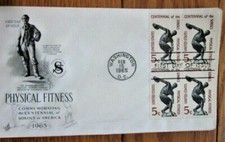 NUDE  DISCUS THROWER ATHLETE 1965 STAMP BLOCK SOKOLS PHYSICAL FITNESS FDC