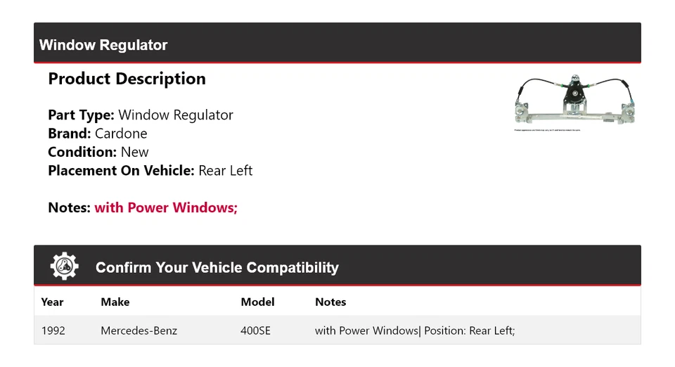 Regulador de ventana trasero izquierdo cardone mercedes-benz 400se 1992 Foto 2 de 4