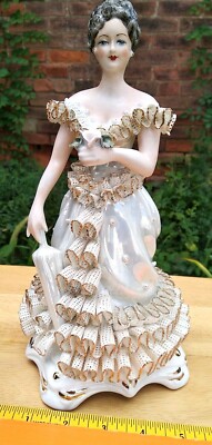 PORCELAIN LADY FIGURINE W/ LACE AND UMBRELLA BY ROCERAM, ROMANIA,10 1/2 X 5 1/2