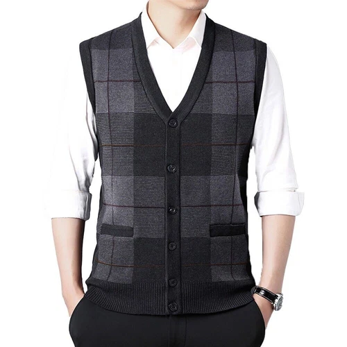 Men's Sleeveless V Neck Plaid Cardigan Sweater Vest with Knitted Waistcoat Tops - Picture 4 of 29