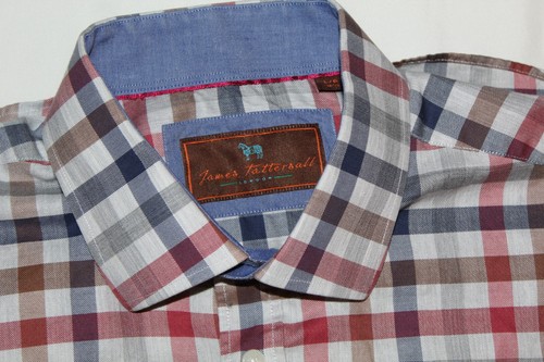 James Tattersall Shirt Mens Large 16.5 Button Up Long Sleeves Blue Red Plaid - Picture 3 of 3