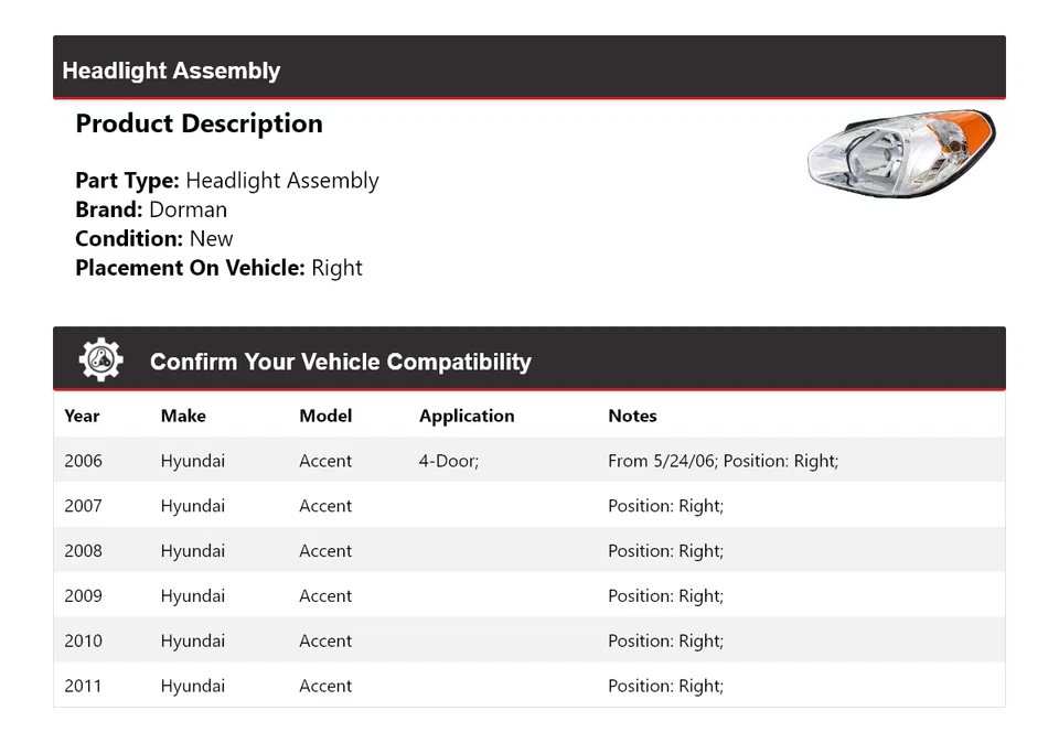 适用于 2006 - 2011 现代口音 Dorman 车头灯总成右 2007 2008 2009 2010 — 第 2/4 张图片