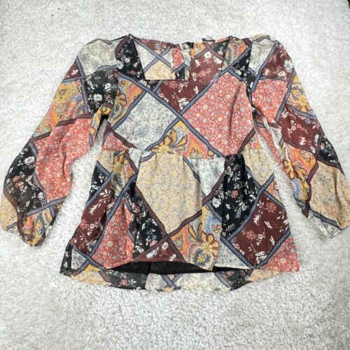 American Eagle Mixed Patchwork Babydoll  Tie Back Blouse Womens Large - Picture 1 of 7