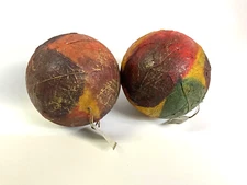 Lot 2 Vine Leaf Lacquered Ball Christmas Ornament 4” Round Natural Golden Accent