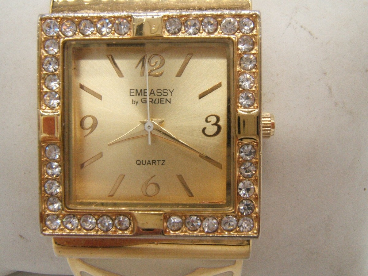 Embassy By Gruen Ladies Cuff Rhinestone Quartz Watch Embassy by Gruen Watch Women 37mm Floral Cuff Band | eBay main image 4