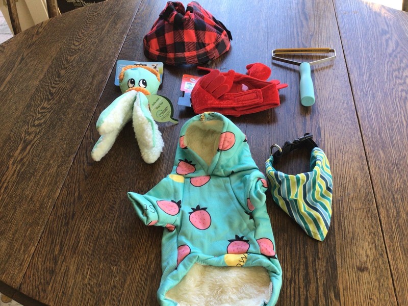 Lot 6 New Small Dog  items Hoodie bandana collar,toy,cone, costume Hair Remover