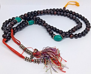 Vintage Brown Mala w/ Turquoise Spacers Buddhist Prayer Beads 26 Inch
