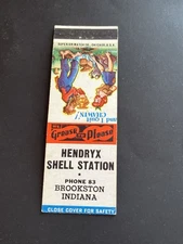 Vintage Indiana Matchbook “HENDRYX SHELL SERVICE” Brookston