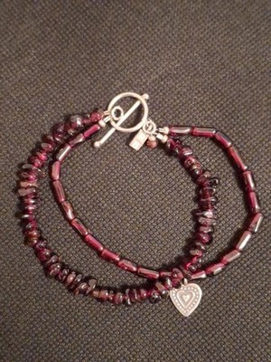 Vtg Dark Red Pyrope Garnet Chip Dbl Strand Bracelet Heart Charm''RB''7'' Valentine 