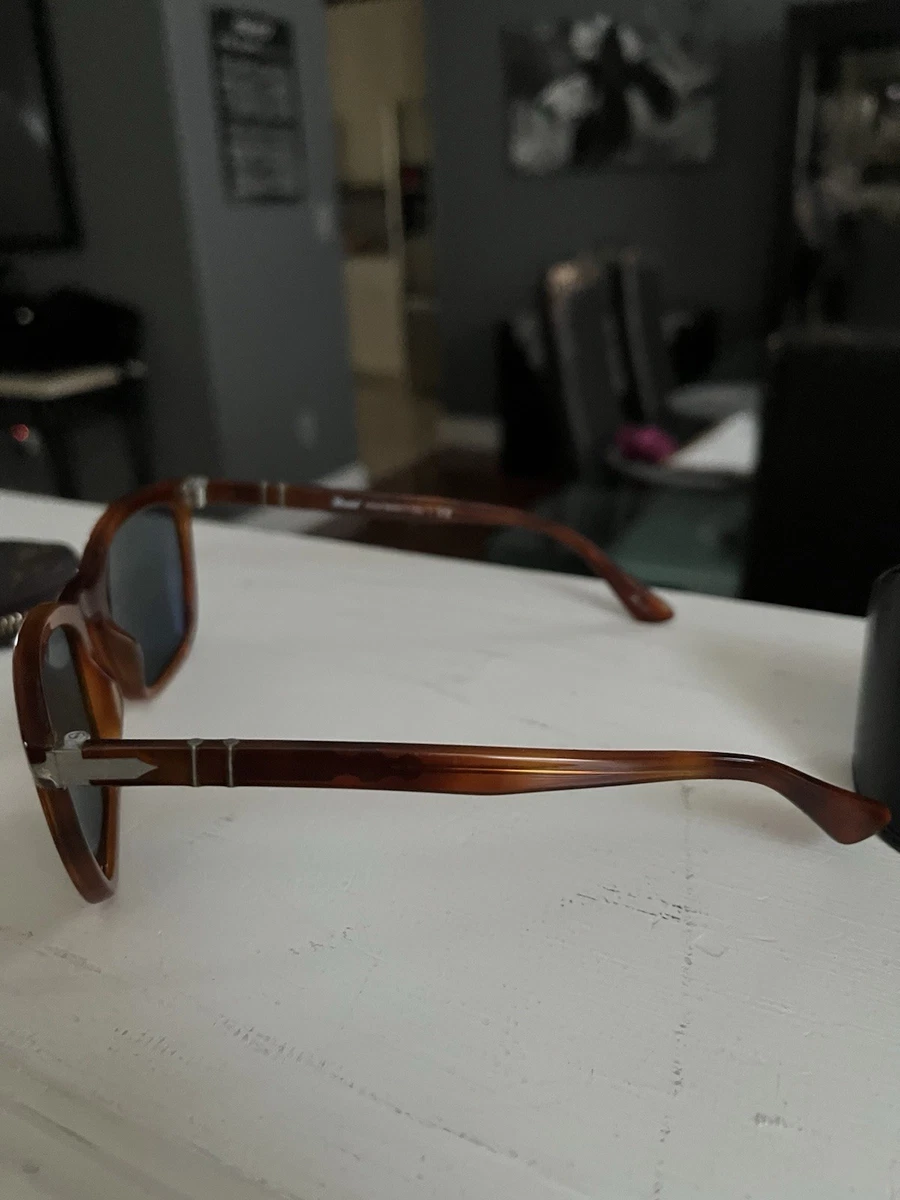 Persol Men's Rectangle Sunglasses Brown Plastic Frame Blue Tinted Lenses Case
