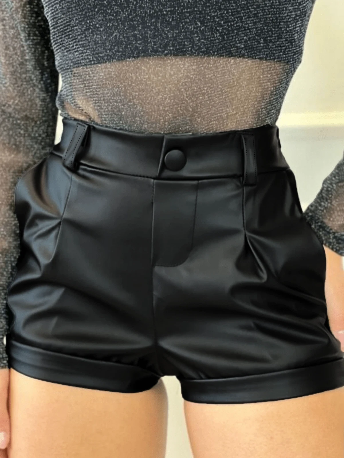 LATEST DESIGN Black Faux Leather High Waist Shorts Hot Pants Size 10