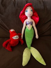 Disney Store The Little Mermaid Ariel 18" and Sebastian 7" Plush VG Condition