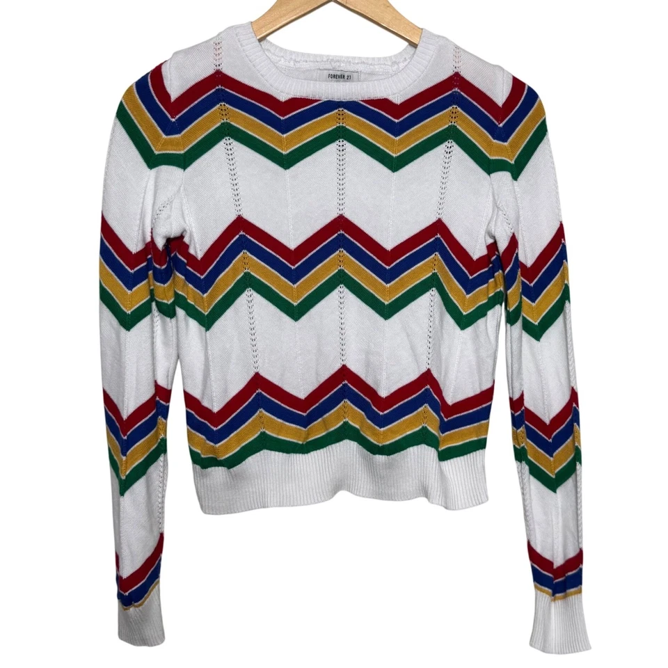 Suéter Forever 21 Mujer Blanco Multi Chevron Tejido Retro Cuello Redondo Pequeño S Foto 2 de 4