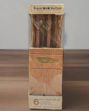 Vintage Regent & Sheffield 6 Piece Steak Knife Set W/ Genuine Mahogany Block NOS