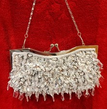 NWOT d'margaux Clear Beaded White Sequin Clutch Evening Bag Chain Coin Snap B41