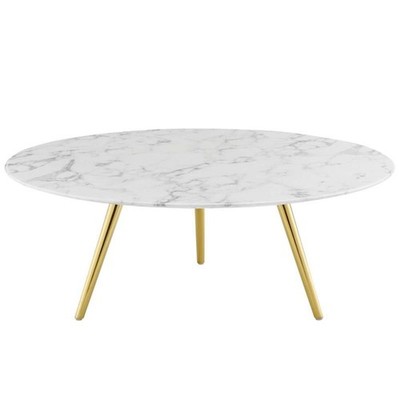 Pemberly Row 40'' Artificial Marble Coffee Table with Tripod Base in Gold/White