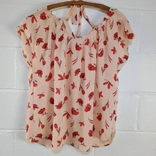 Lauren Conrad Womens Blouse Cap Sleeve Red Floral Cream Cap Sleeve Size XLARGE