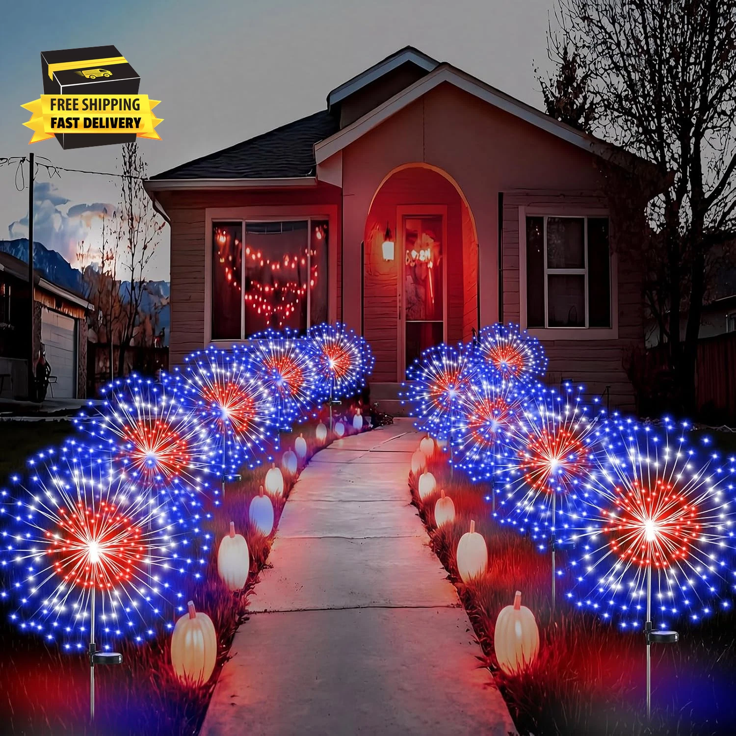 12 Pcs 4Th of July Solar Firework Stake Lights 180 LED 8 Modes Solar Waterproof