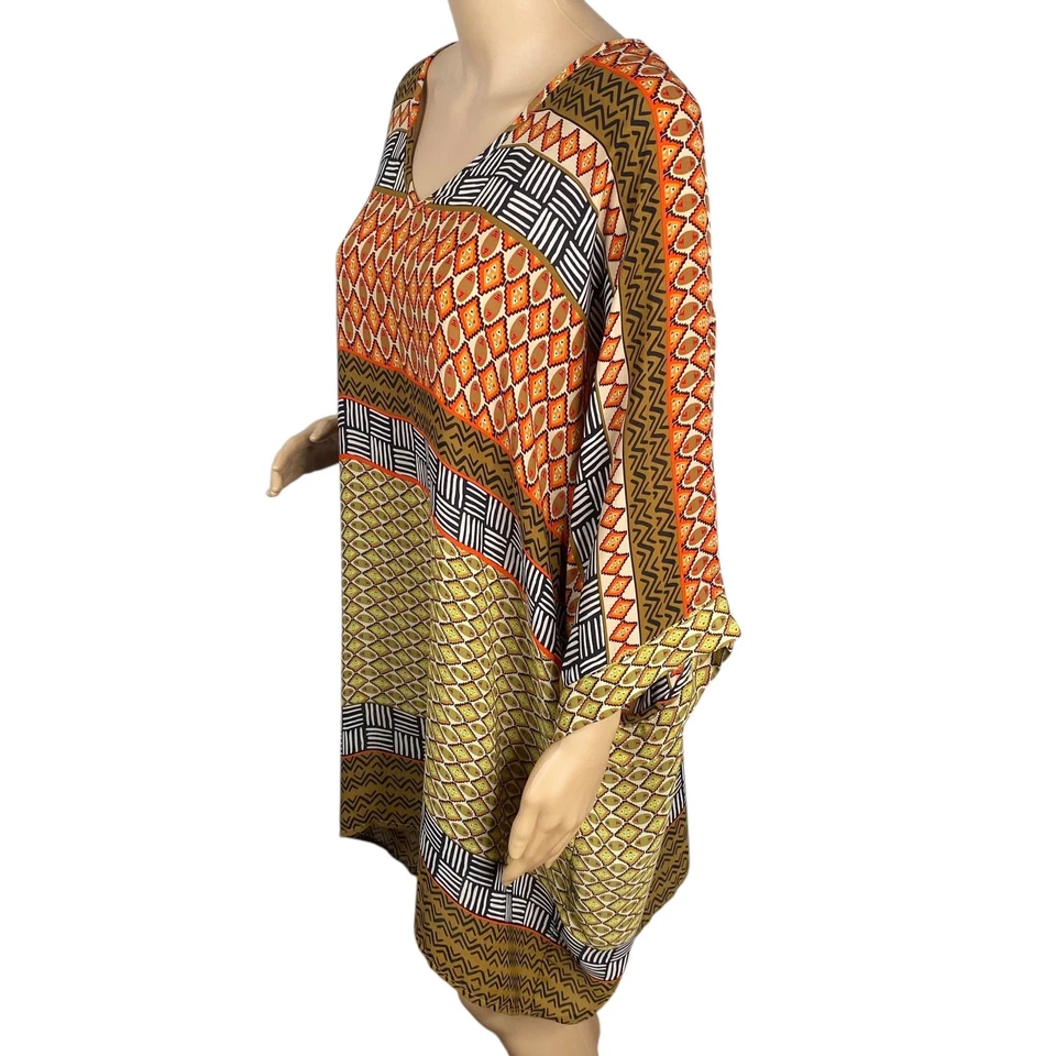 Vestido túnica boho asimétrico estampado tribal geométrico marrón naranja NIC+ZOE TALLA 1X/2X Foto 4 de 4