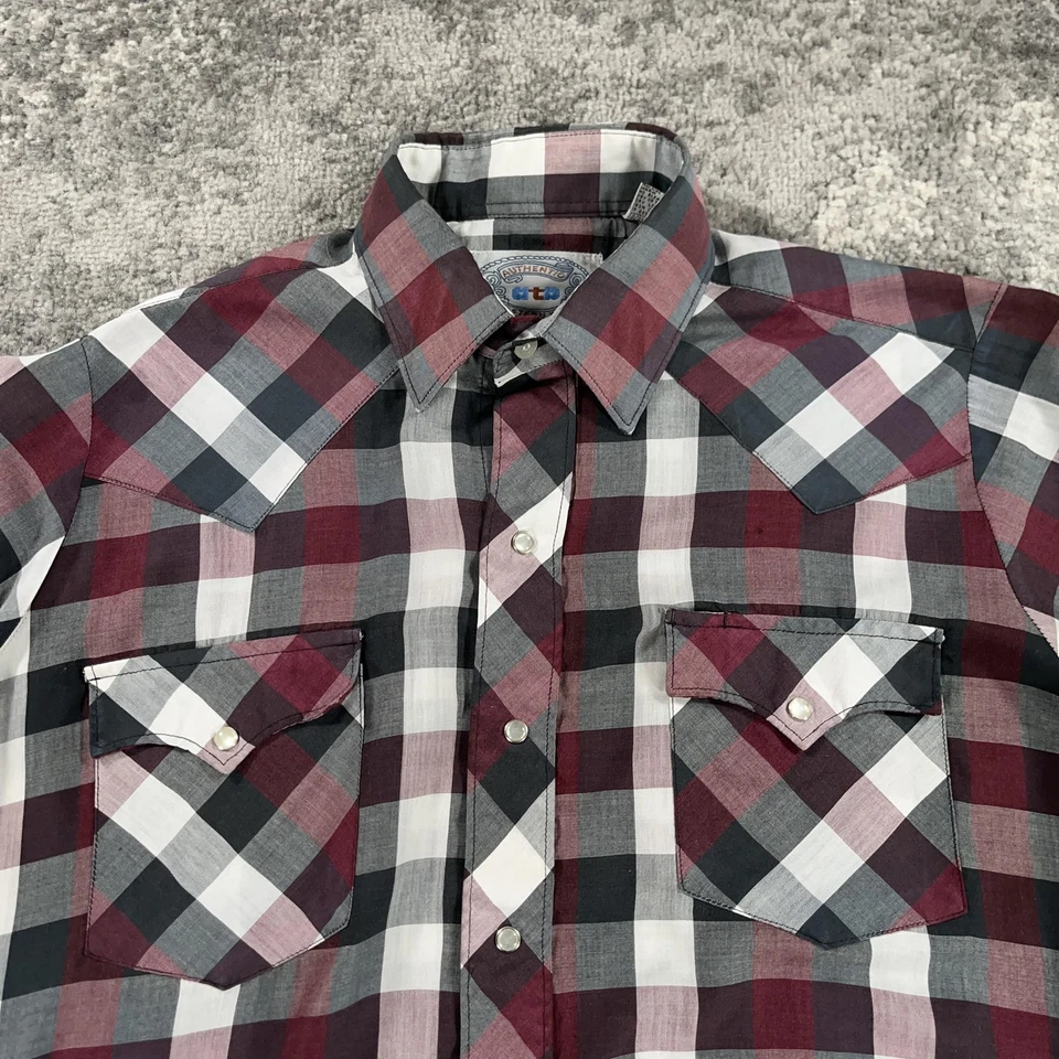 Camisa ATP Western Wear Para Hombre Mediana Negra Roja Blanca A Cuadros Manga Corta Perla A Presión Foto 2 de 4