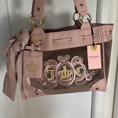 RARE Juicy Couture Daydreamer Bag Pink Brown Y2K Velour Bow Crown NWT ICE COFFEE