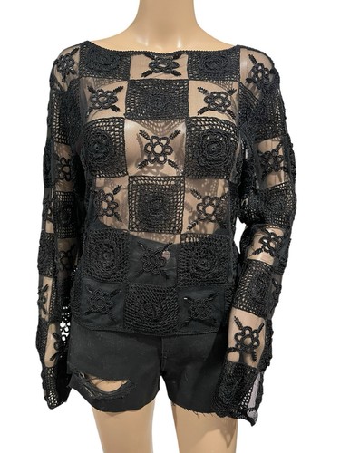 Y2K Vintage CACHE Crotchet Top Womens Size 6 Mesh Beaded Black Boho Festival - Picture 2 of 11