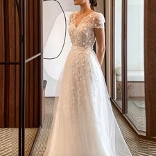 White Pearls Flowers Embroidery Evening Dress V Neck Cap Sleeve Party Dresses