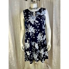 Roz & Ali Navy Blue White Floral Sleeveless Keyhole Ring Dress XL shift dress