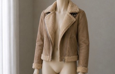 Ultra Flirt Faux Suede Sherpa Moto Jacket Tan Beige Size Small Cozy Zip Coat