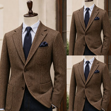 Herringbone Men's Suits Khaki 2Pcs Tweed Coat Slim Vintage Casual Wear Blazer