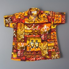 Vintage 60s Hawaiian Bark Cloth Tunic Shirt Tiki Theme, Button Up Shirt Mens S
