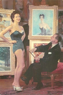 AK - Pin-up Model mit Maler im Atelier - Paulus Lesser 1947 - Farbdruck 1984 USA