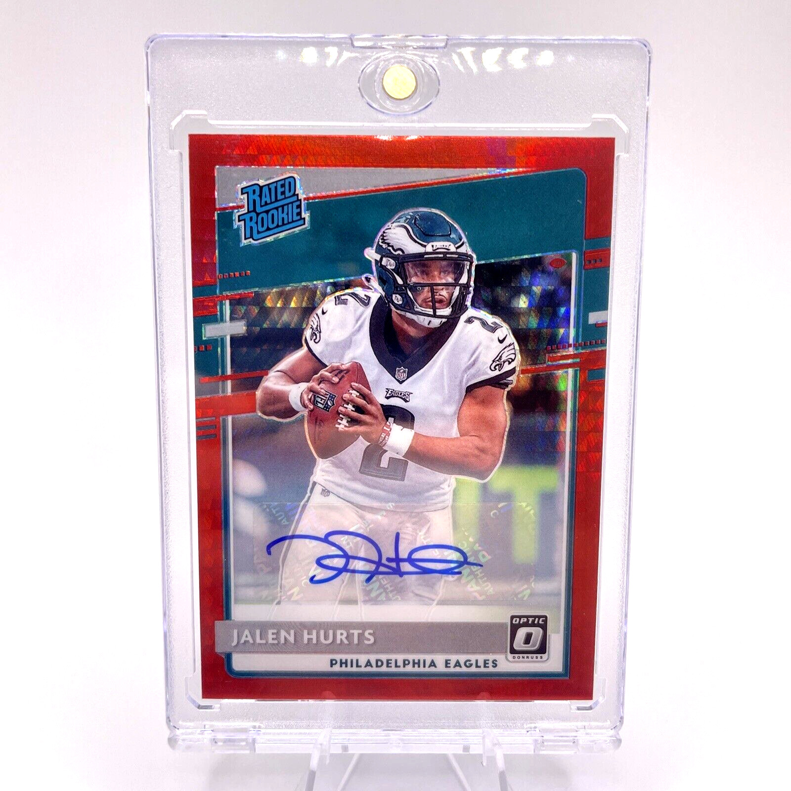 2020 Donruss Optic Jalen Hurts Auto Red Hyper Rated Rookie Prizm #164 SP SSP RC