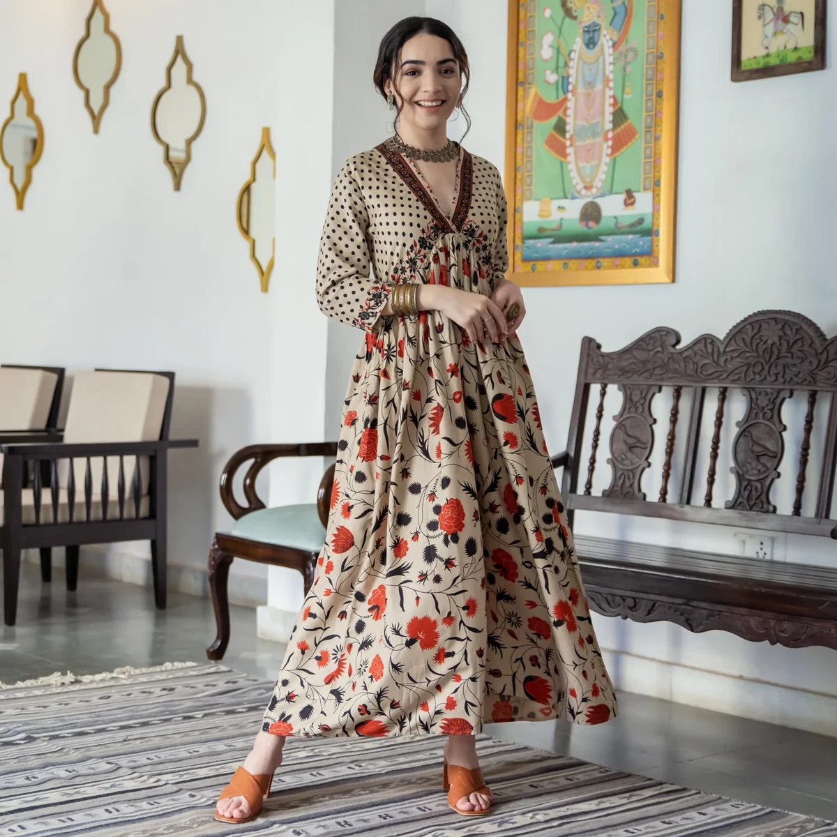 Red chanderi A line gathered kurta with pockets, chanderi salwar and d –  Sohni