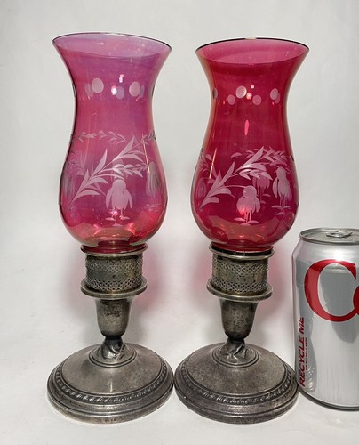 Pair of Sterling Reinforced with Cement Glass Shade Candle Holders