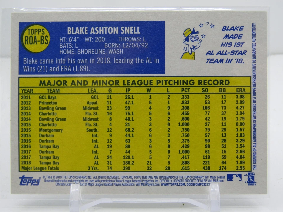 BLAKE SNELL 2019 TOPPS HERITAGE REAL ONE AUTOGRAPH AUTO! TAMPA BAY RAYS!! - Image 2 of 2