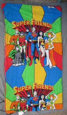 VINTAGE 1973 DC SUPER FRIENDS SLEEPING BAG w WONDER WOMAN, BATMAN, SUPERMAN, ETC
