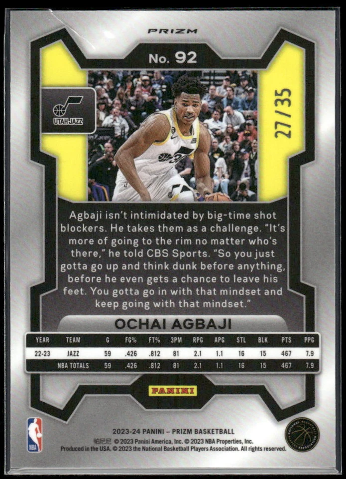 #92 Ochai Agbaji 2023-24 Panini Prizm #/35 Prizms White Ice - Image 2 of 2