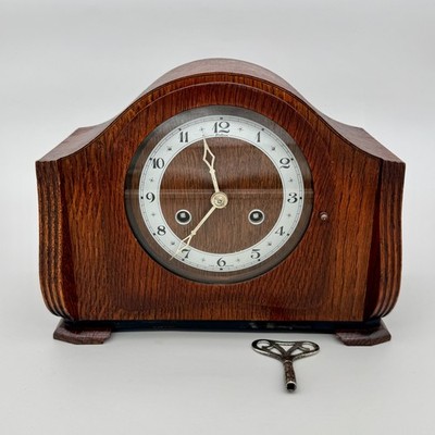 Vintage Bentima Oak Mantel Clock British Made 8 Day Gong Strike Serviced